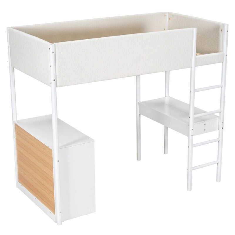 Twin Size Wood Loft Bed with Storage and Convertible Desk