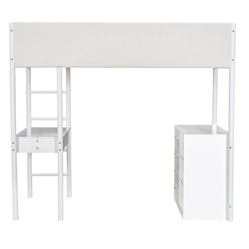 Twin Size Wood Loft Bed with Storage and Convertible Desk
