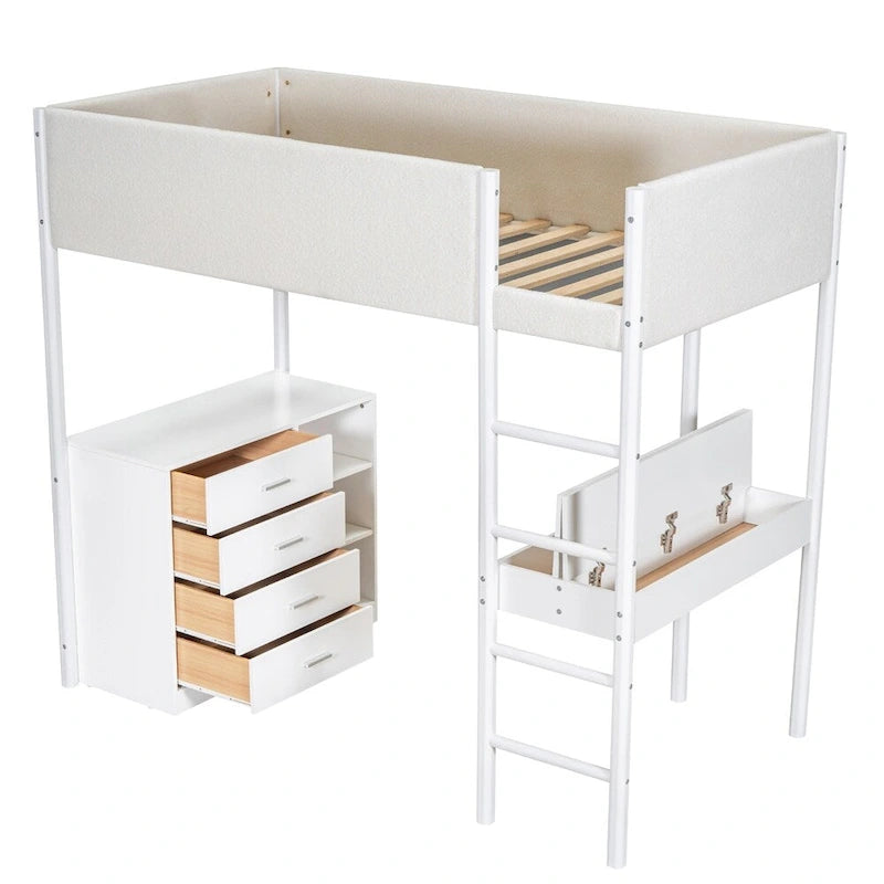 Twin Size Wood Loft Bed with Storage and Convertible Desk