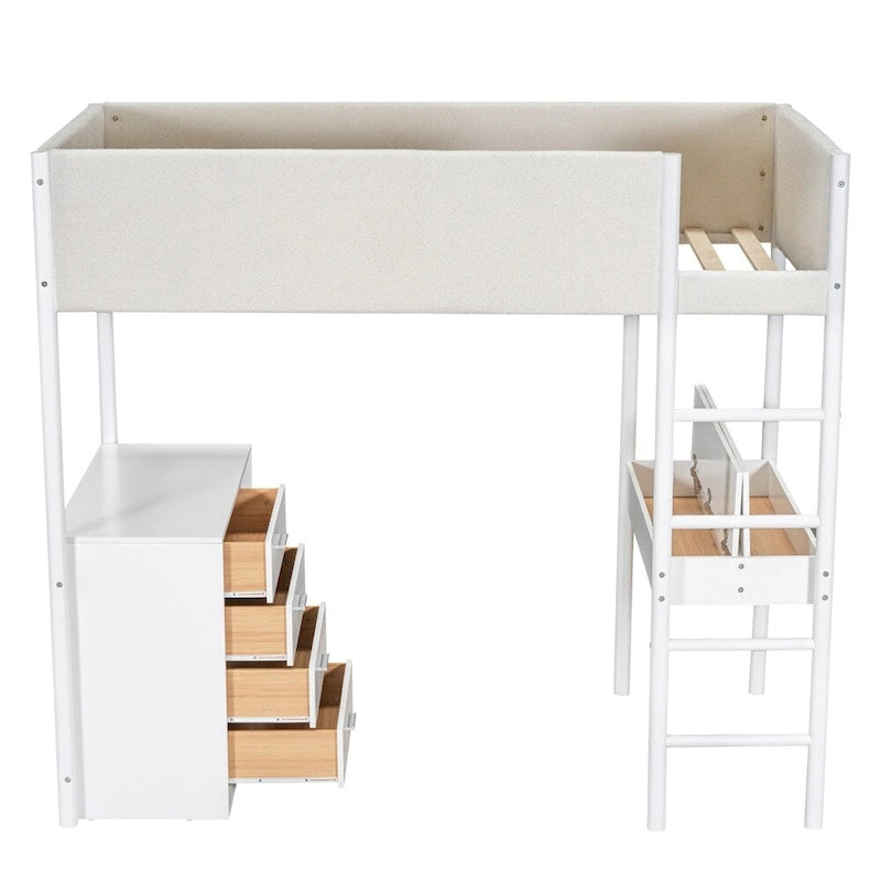 Twin Size Wood Loft Bed with Storage and Convertible Desk