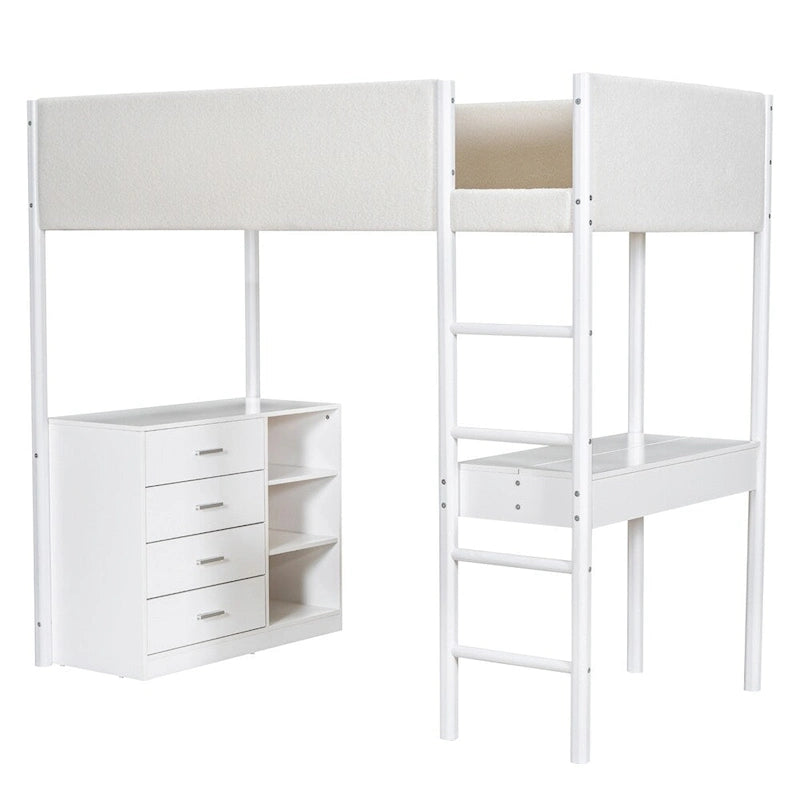 Twin Size Wood Loft Bed with Storage and Convertible Desk