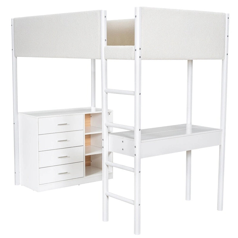 Twin Size Wood Loft Bed with Storage and Convertible Desk
