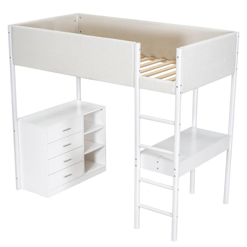 Twin Size Wood Loft Bed with Storage and Convertible Desk