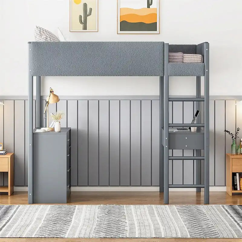 Twin Size Wood Loft Bed with Storage and Convertible Desk