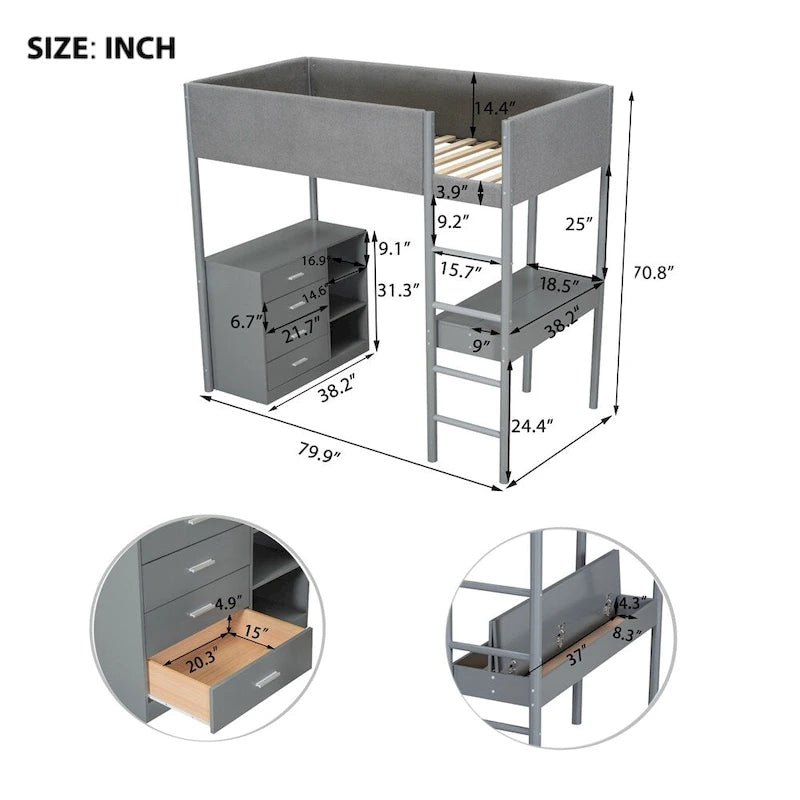 Twin Size Wood Loft Bed with Storage and Convertible Desk