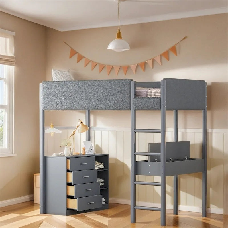 Twin Size Wood Loft Bed with Storage and Convertible Desk