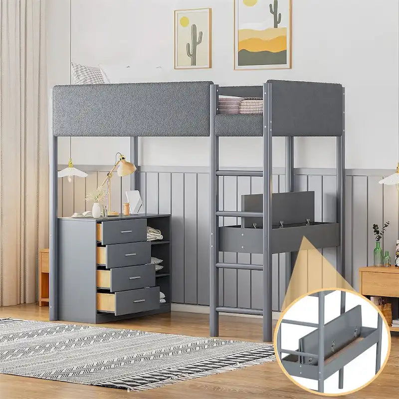 Twin Size Wood Loft Bed with Storage and Convertible Desk