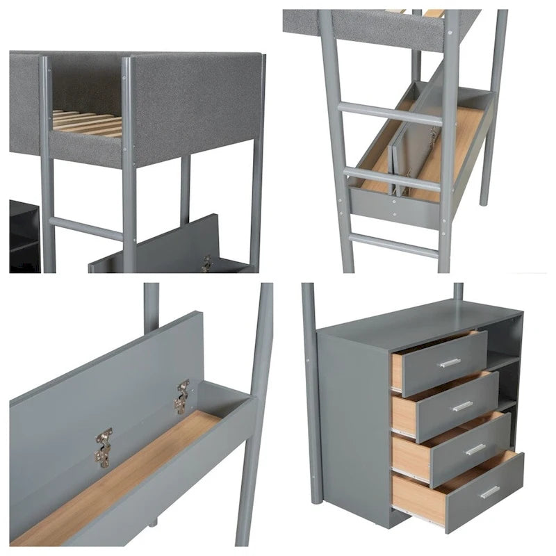 Twin Size Wood Loft Bed with Storage and Convertible Desk
