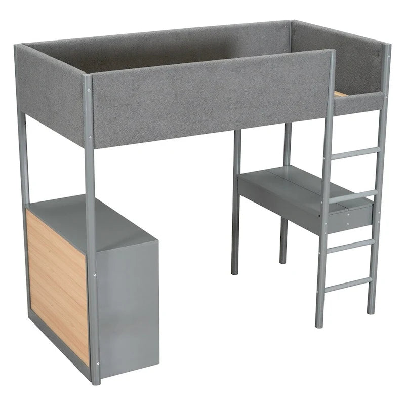 Twin Size Wood Loft Bed with Storage and Convertible Desk
