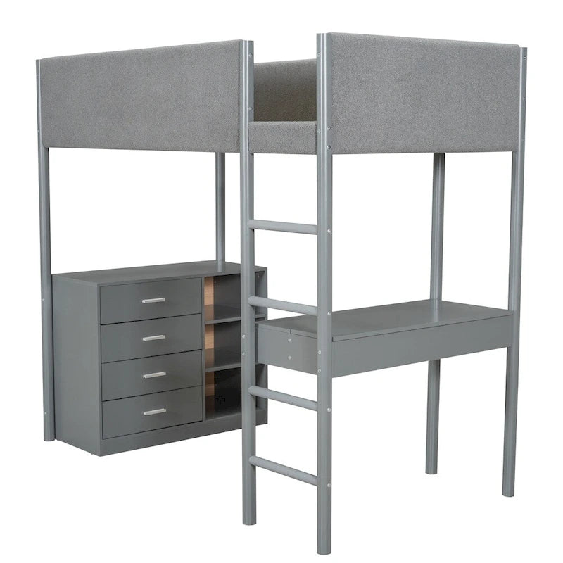 Twin Size Wood Loft Bed with Storage and Convertible Desk