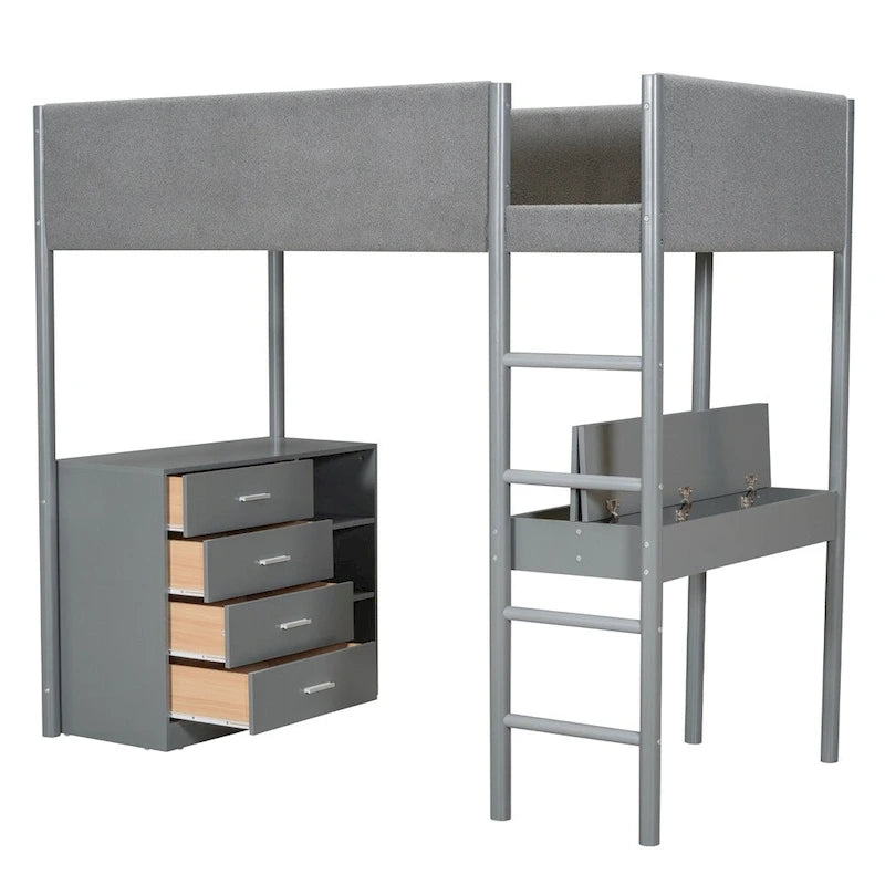 Twin Size Wood Loft Bed with Storage and Convertible Desk