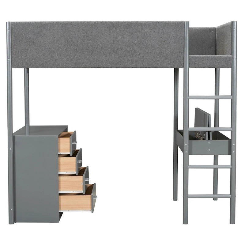 Twin Size Wood Loft Bed with Storage and Convertible Desk