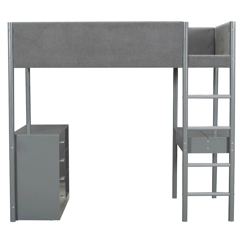Twin Size Wood Loft Bed with Storage and Convertible Desk