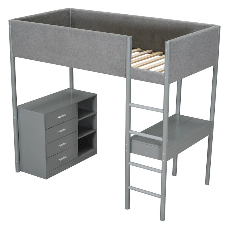 Twin Size Wood Loft Bed with Storage and Convertible Desk