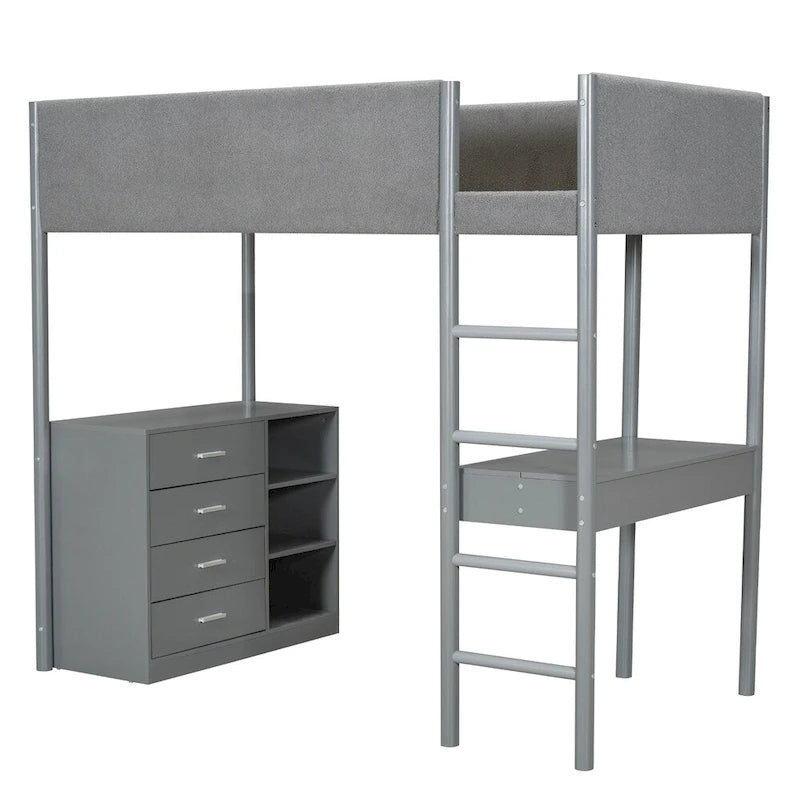Twin Size Wood Loft Bed with Storage and Convertible Desk