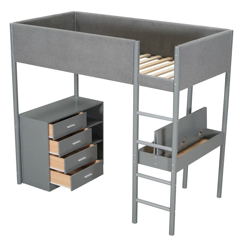 Twin Size Wood Loft Bed with Storage and Convertible Desk