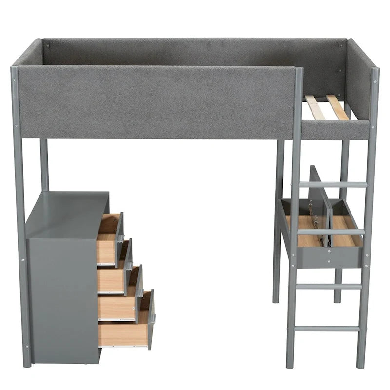Twin Size Wood Loft Bed with Storage and Convertible Desk