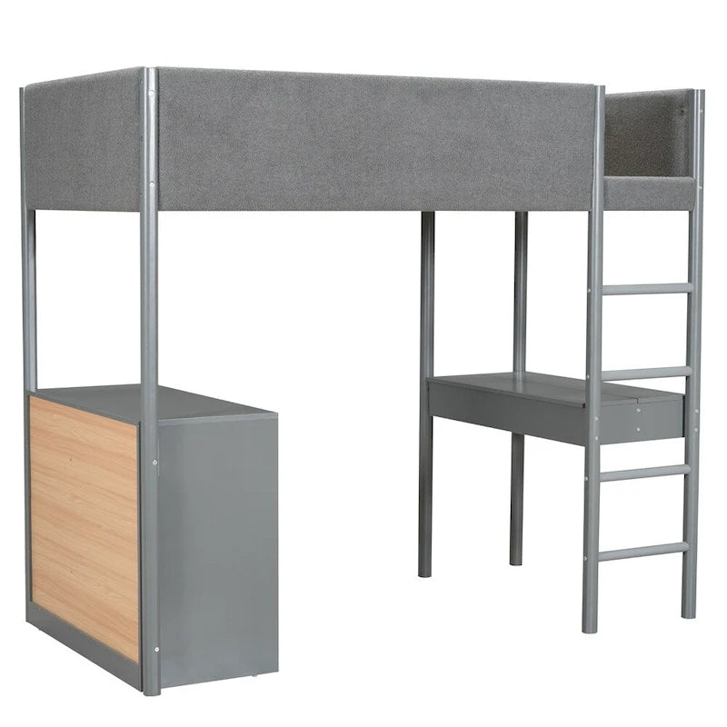 Twin Size Wood Loft Bed with Storage and Convertible Desk