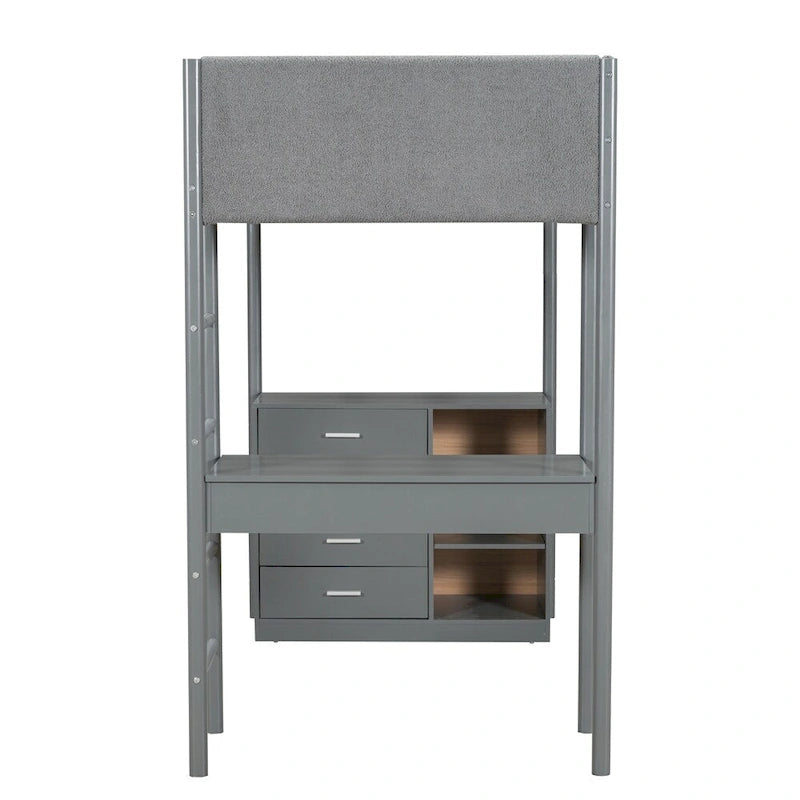 Twin Size Wood Loft Bed with Storage and Convertible Desk