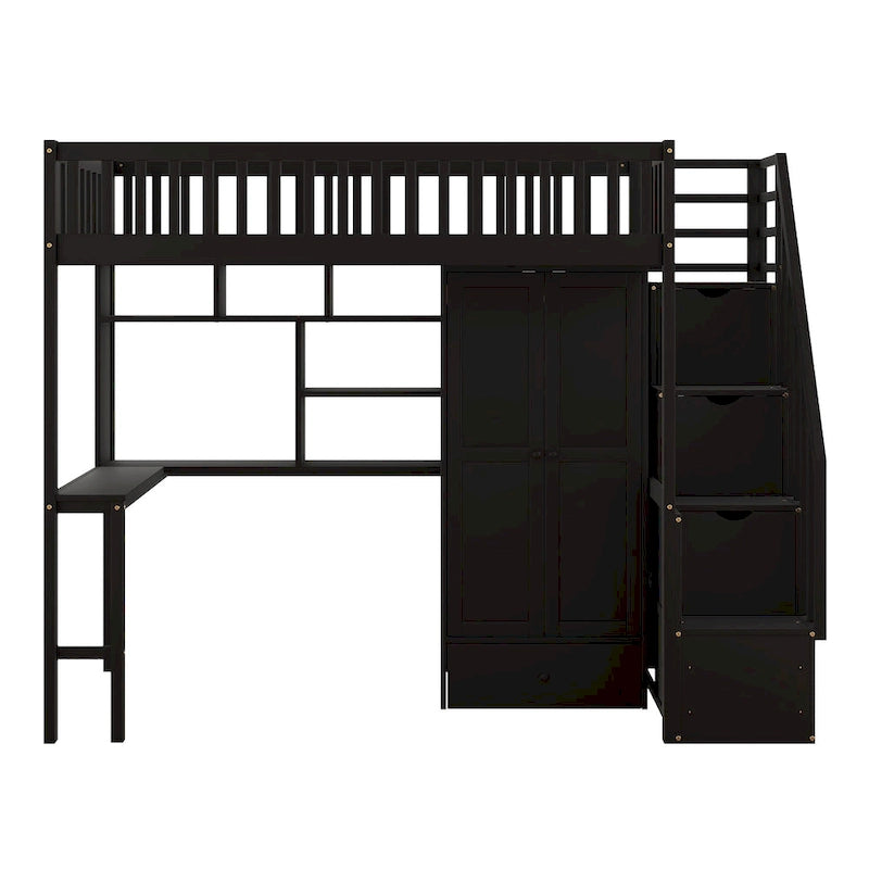 Twin size Loft Bed with Bookshelf,Drawers,Desk,and Wardrobe