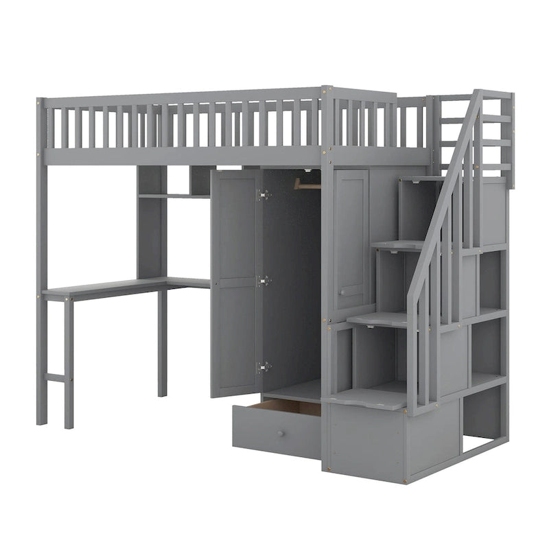 Twin size Loft Bed with Bookshelf,Drawers,Desk,and Wardrobe