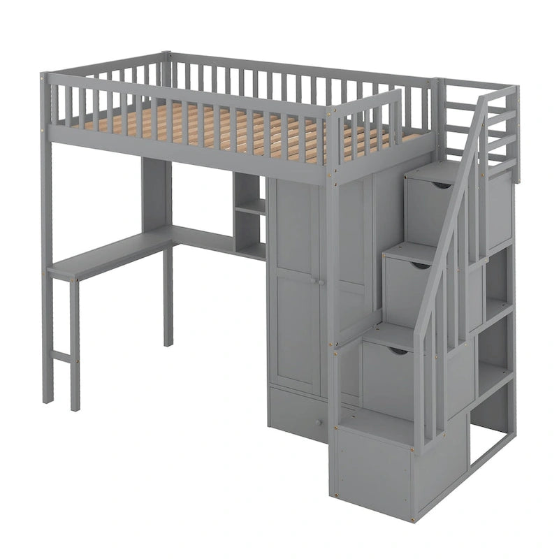 Twin size Loft Bed with Bookshelf,Drawers,Desk,and Wardrobe