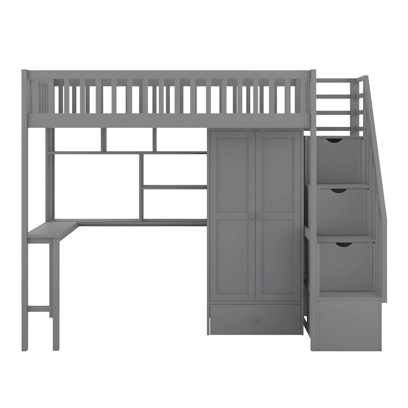 Twin size Loft Bed with Bookshelf,Drawers,Desk,and Wardrobe
