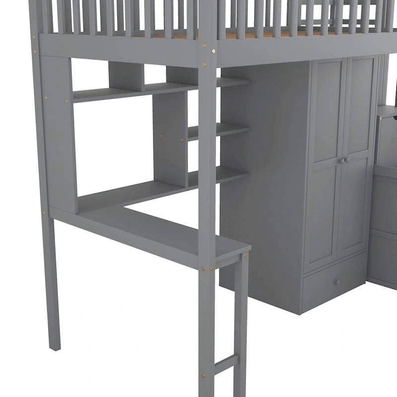 Twin size Loft Bed with Bookshelf,Drawers,Desk,and Wardrobe