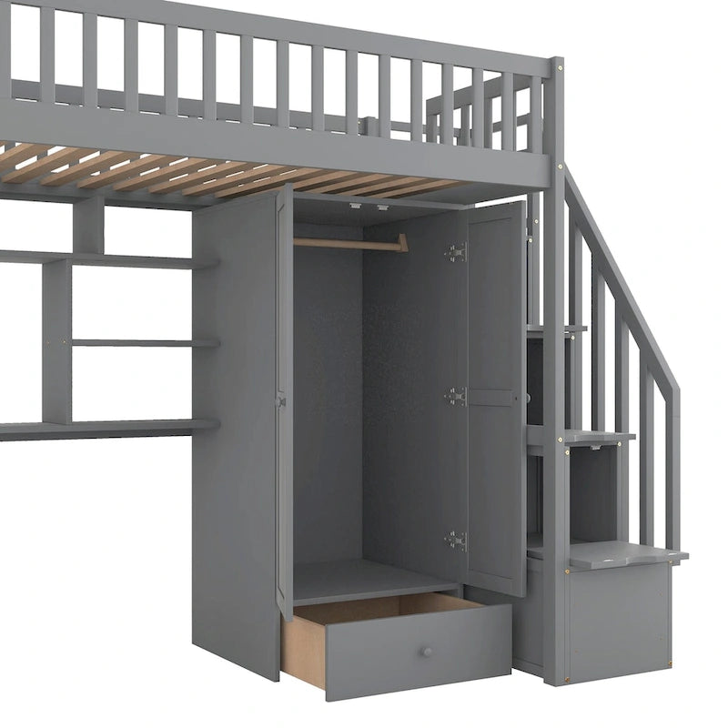 Twin size Loft Bed with Bookshelf,Drawers,Desk,and Wardrobe