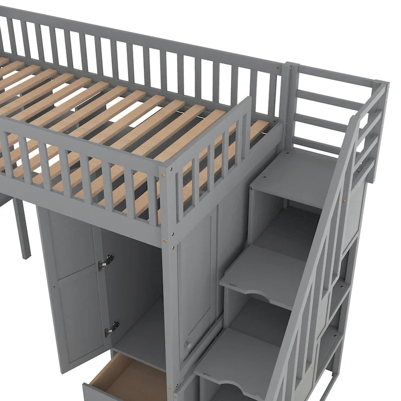 Twin size Loft Bed with Bookshelf,Drawers,Desk,and Wardrobe