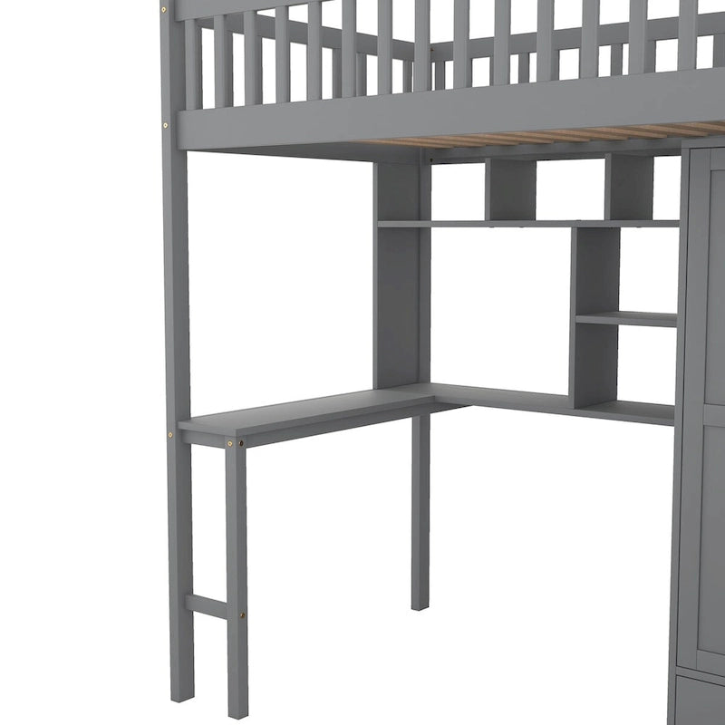 Twin size Loft Bed with Bookshelf,Drawers,Desk,and Wardrobe