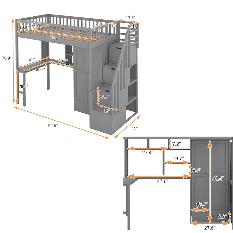 Twin size Loft Bed with Bookshelf,Drawers,Desk,and Wardrobe