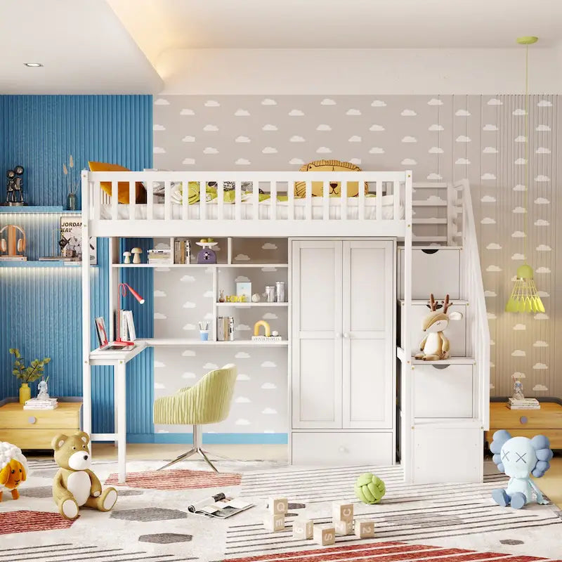 Twin size Loft Bed with Bookshelf,Drawers,Desk,and Wardrobe