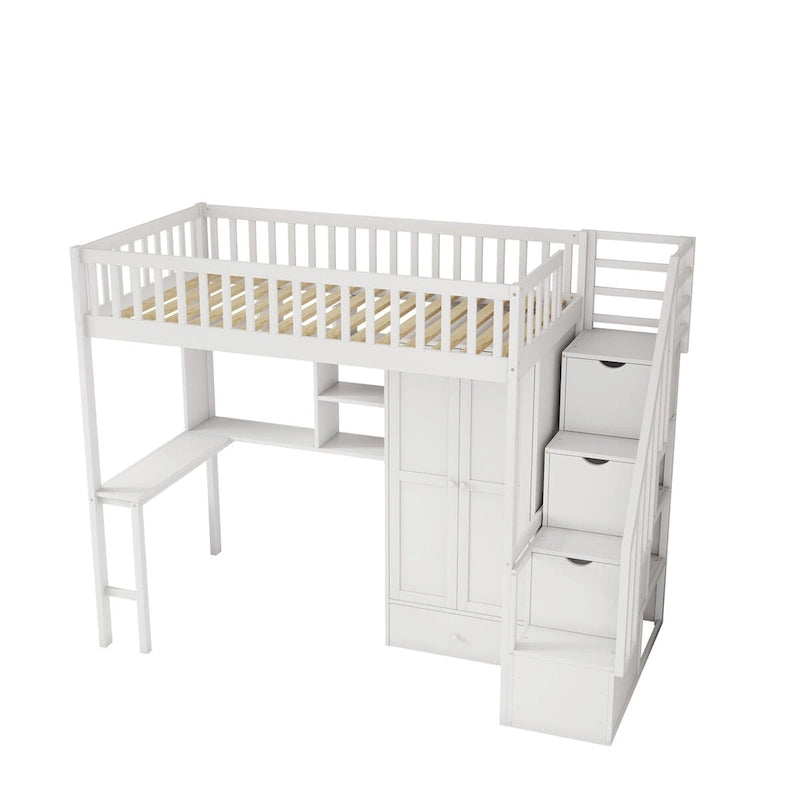 Twin size Loft Bed with Bookshelf,Drawers,Desk,and Wardrobe