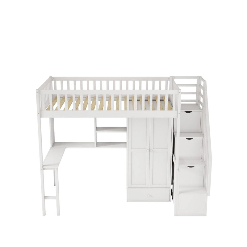 Twin size Loft Bed with Bookshelf,Drawers,Desk,and Wardrobe