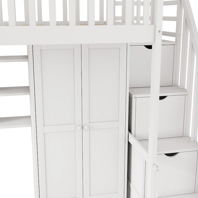 Twin size Loft Bed with Bookshelf,Drawers,Desk,and Wardrobe