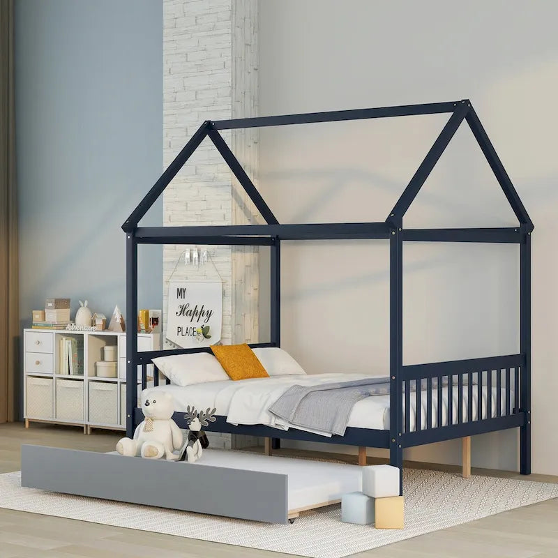 Pine Full House Bed with Canopy, Trundle, and Roof