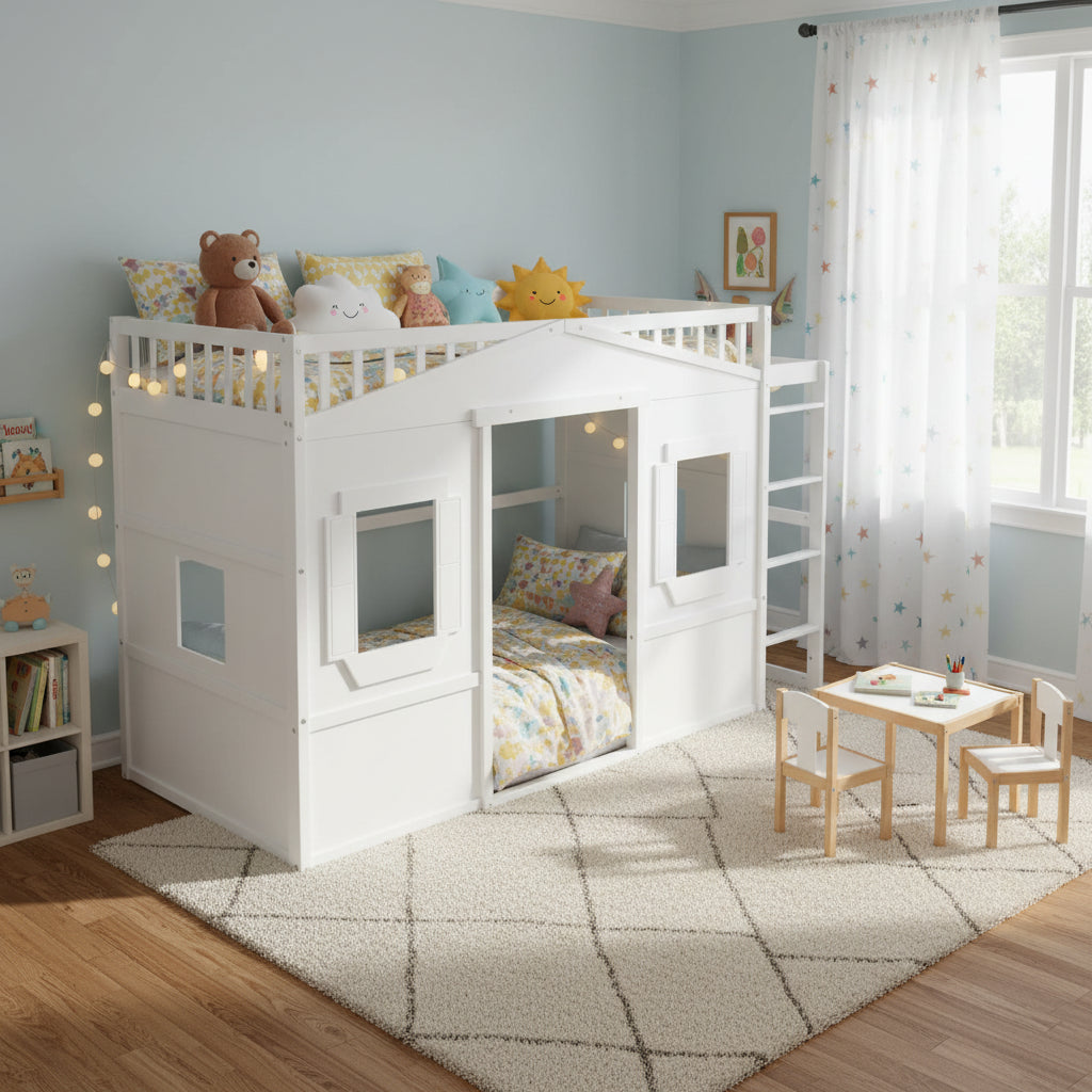 Twin Size Creativity House Bed Wood Loft Bed with Ladder