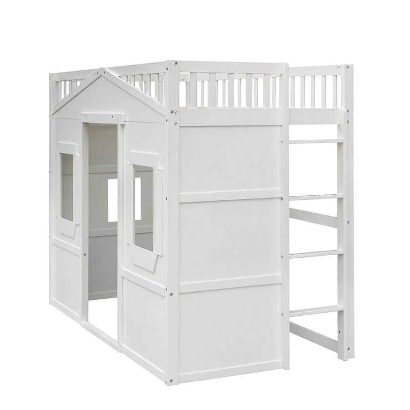 Twin Size Creativity House Bed Wood Loft Bed with Ladder
