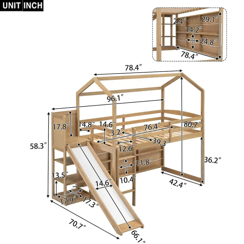 Twin Size Wood House Loft bed with Slide
