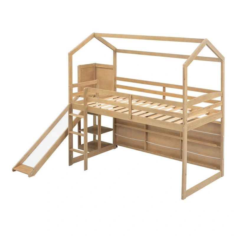 Twin Size Wood House Loft bed with Slide