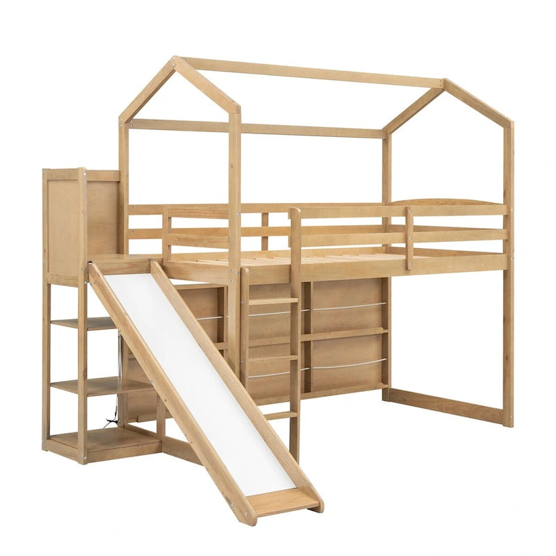 Twin Size Wood House Loft bed with Slide