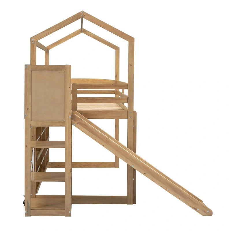 Twin Size Wood House Loft bed with Slide