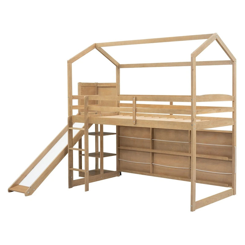 Twin Size Wood House Loft bed with Slide