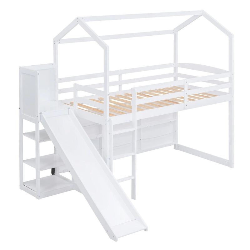 Twin Size Wood House Loft bed with Slide