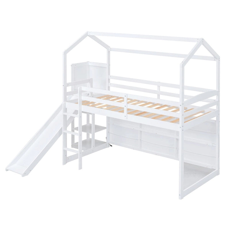 Twin Size Wood House Loft bed with Slide
