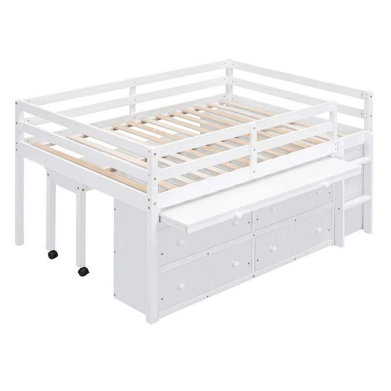 Loft Bed with Retractable Writing Desk and 4 Drawers
