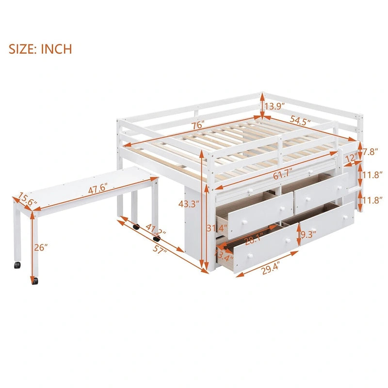 Loft Bed with Retractable Writing Desk and 4 Drawers