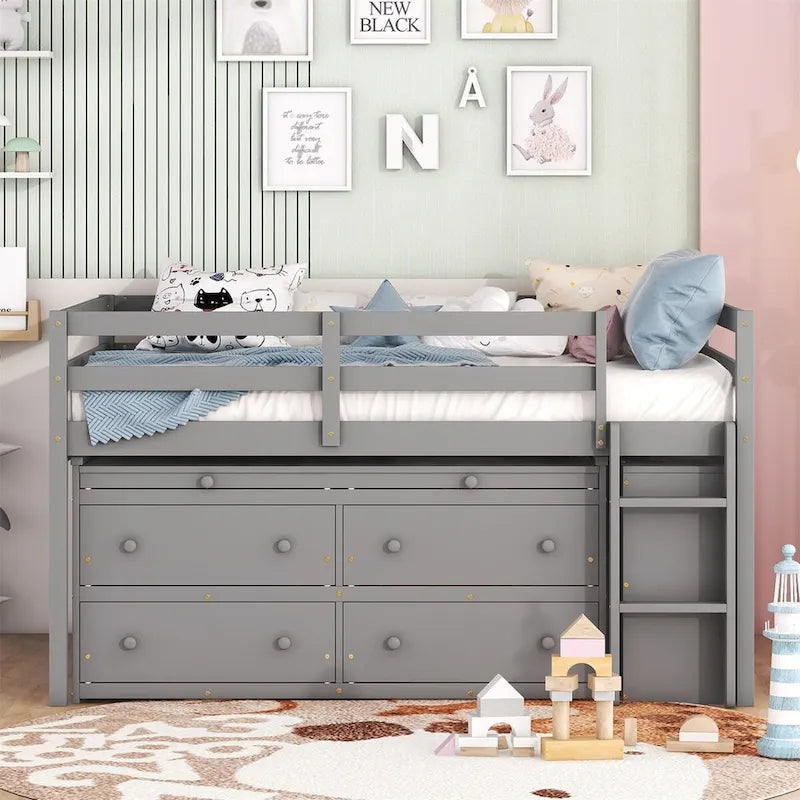Loft Bed with Retractable Writing Desk and 4 Drawers
