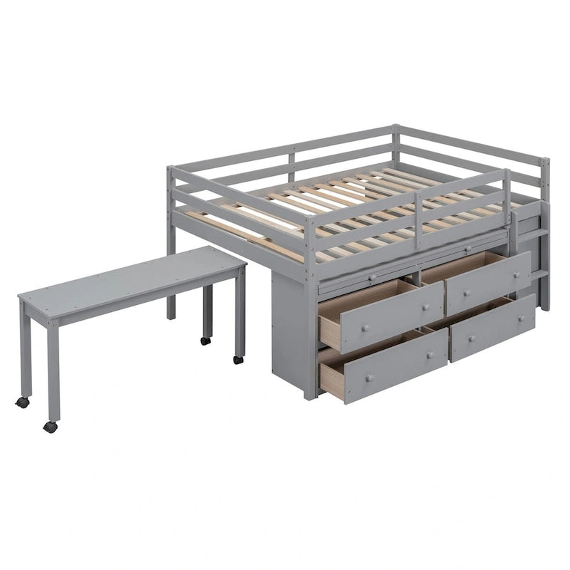 Loft Bed with Retractable Writing Desk and 4 Drawers